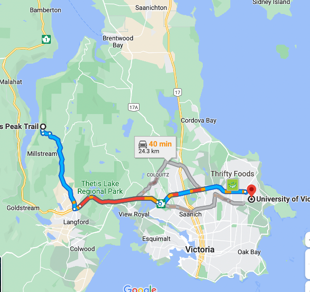 A map of greater Victoria showing the route from UVIC to Holmes Peak