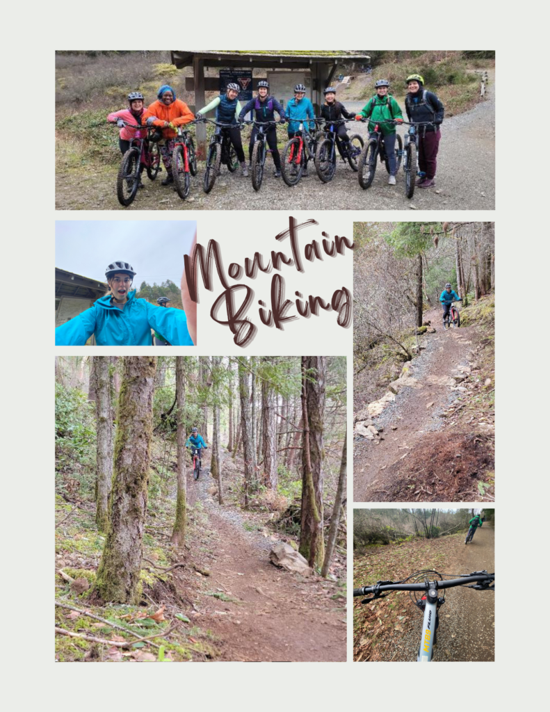 A photo collage of Brooke mountain biking