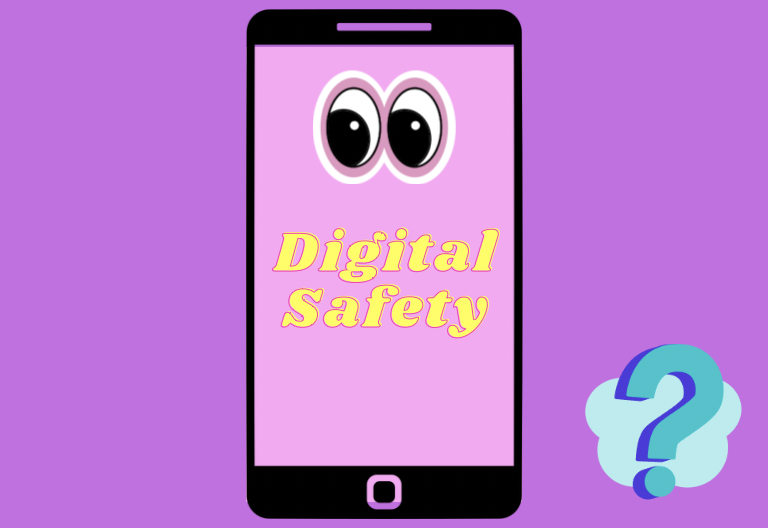 Clip art picture of a cell phone with the words "Digital Safety" Displayed on it.